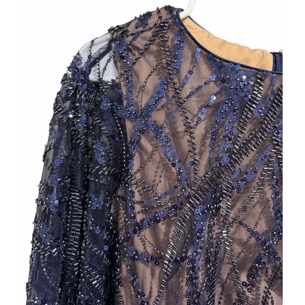 $568 Tadashi Shoji Blue Beaded Sequined Jewel Neck Sheath Dress Women's Size S - Picture 10 of 14